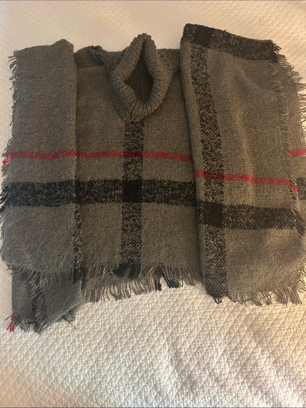 Cozy Grey Plaid Turtleneck Poncho Sweater